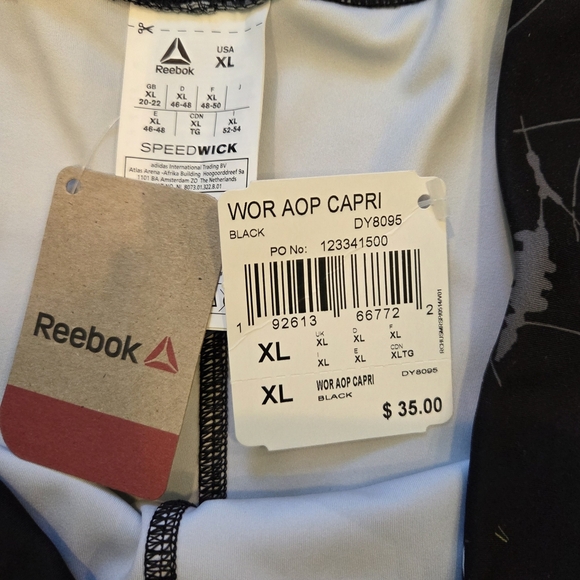 Reebok Speedwick Workout Capri Leggings Black Print XL New With Tags - Picture 2 of 9